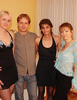 Three older ladies share one hard cock